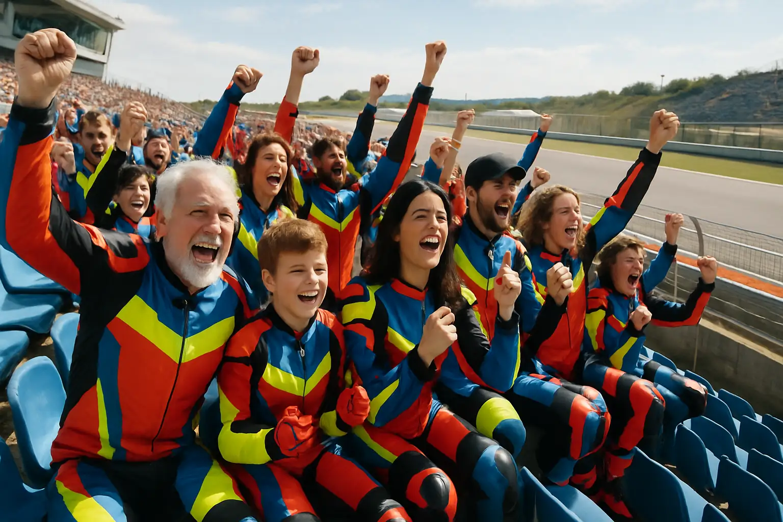 A group of MotoGP fans in matching team colors celebrating together in a grandstand