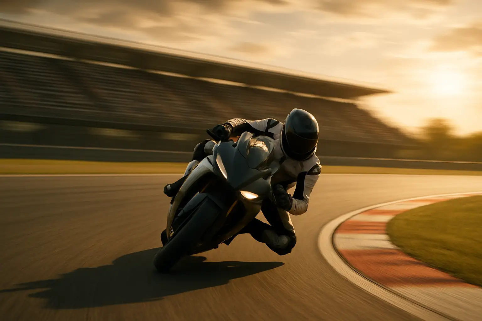 MotoGP rider leaning aggressively through a high-speed corner on a racing motorcycle