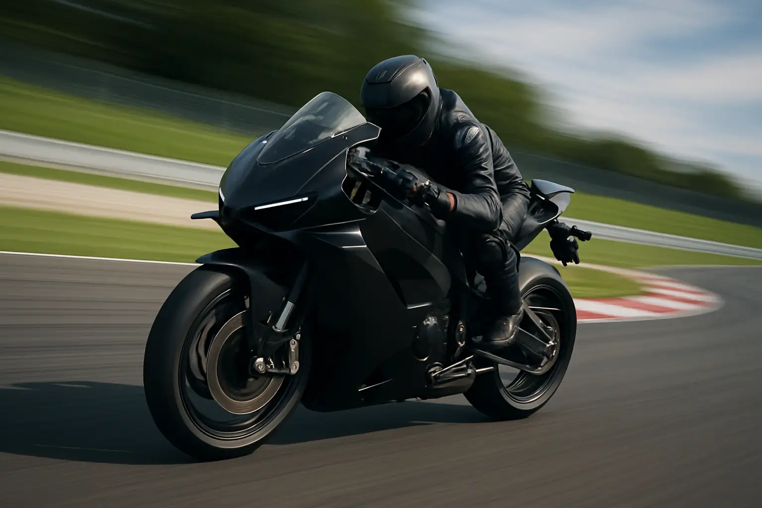 A modern MotoGP bike leaning aggressively through a corner with aerodynamic winglets visible