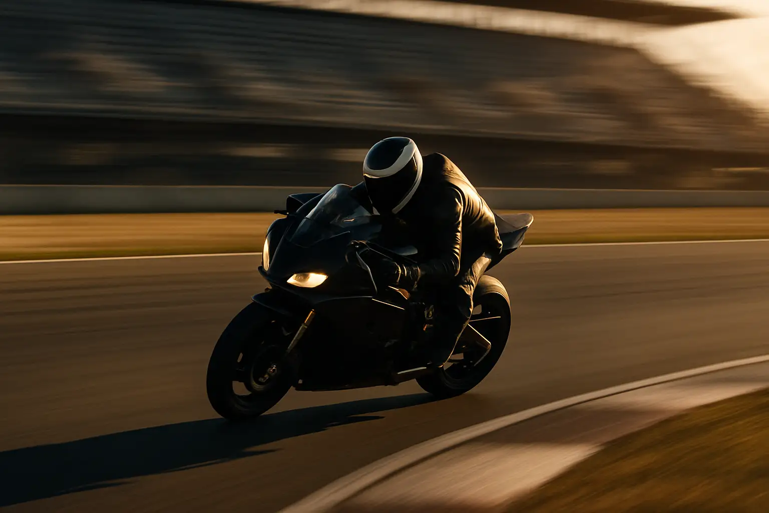 A MotoGP rider leaning into a corner on a racing motorcycle under bright circuit lights