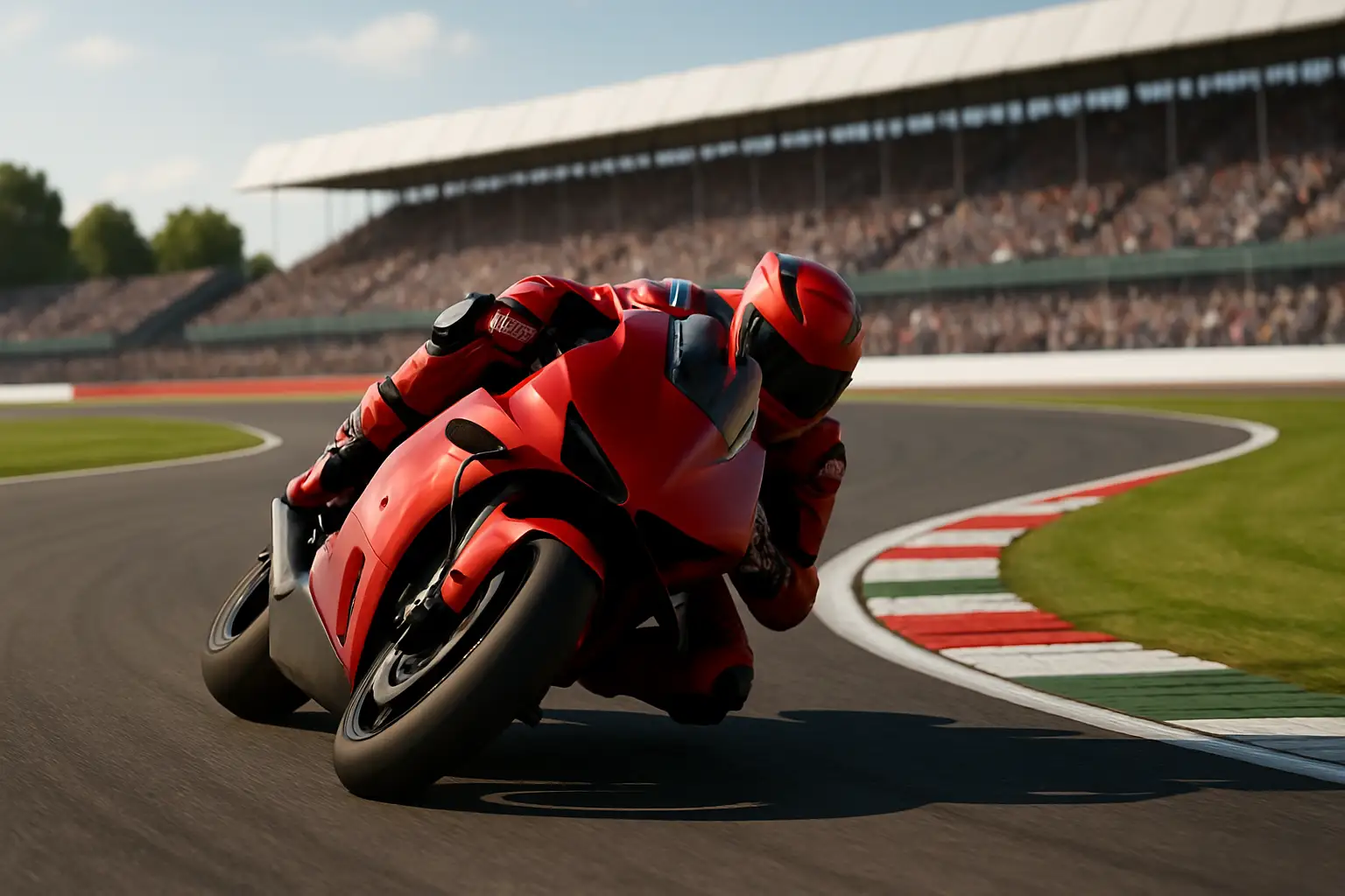 MotoGP rider on a race bike powering through a high-speed corner at a British circuit