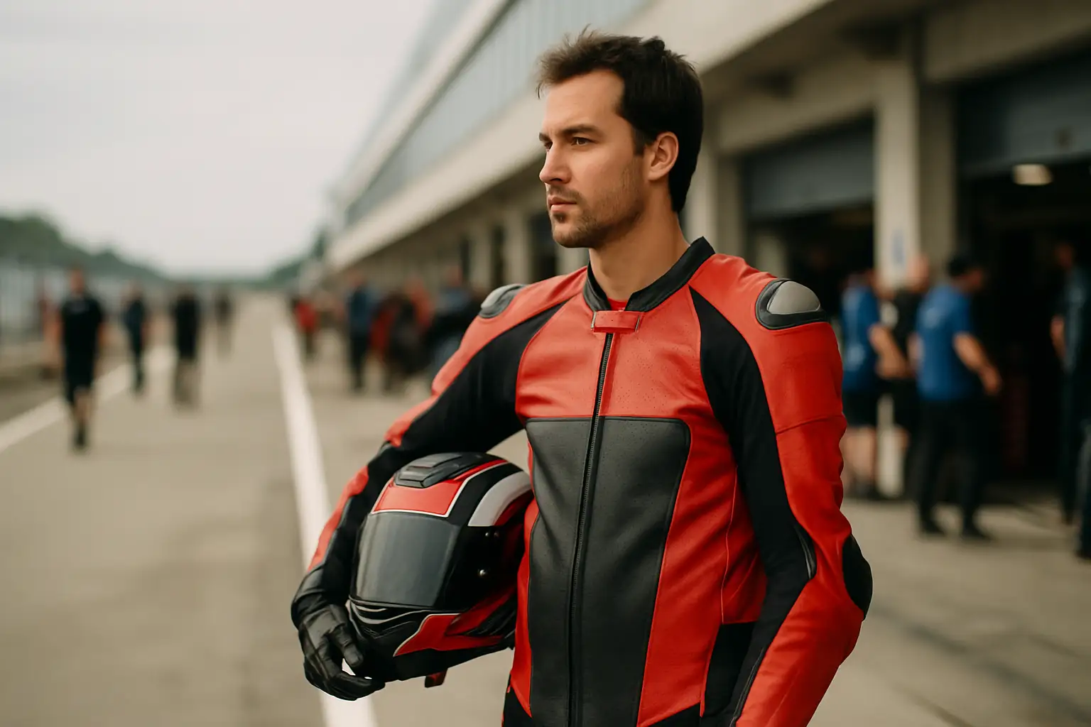 MotoGP rider in Trackhouse Racing leathers on pit lane looking focused before a race
