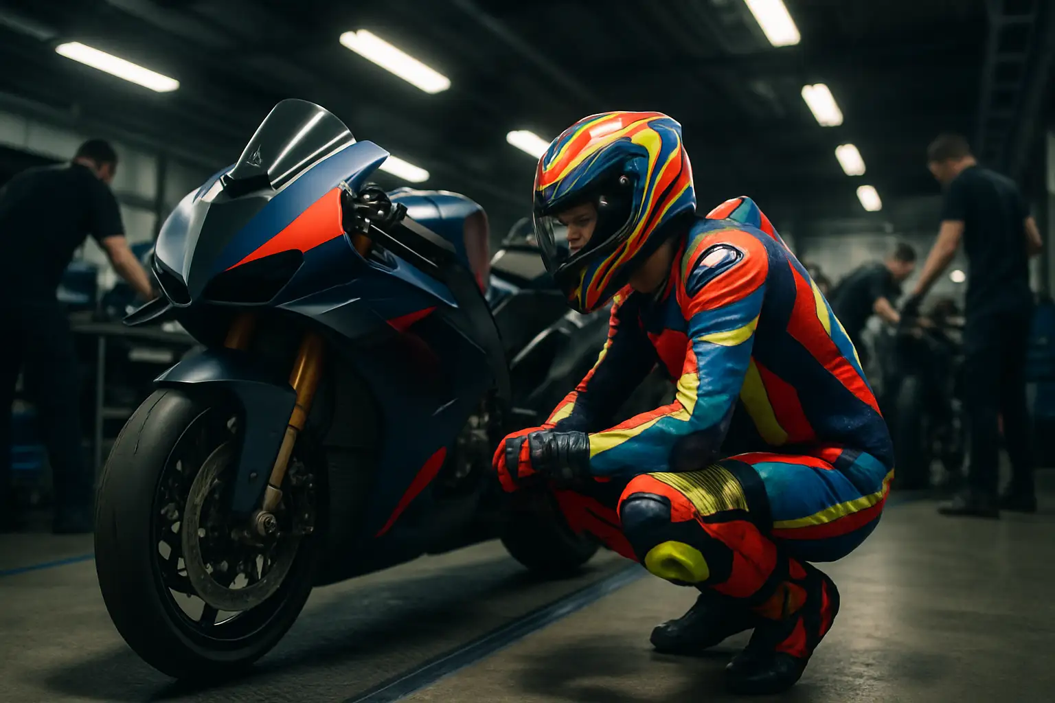 MotoGP rider in full racing gear preparing focused at the pit garage before a race