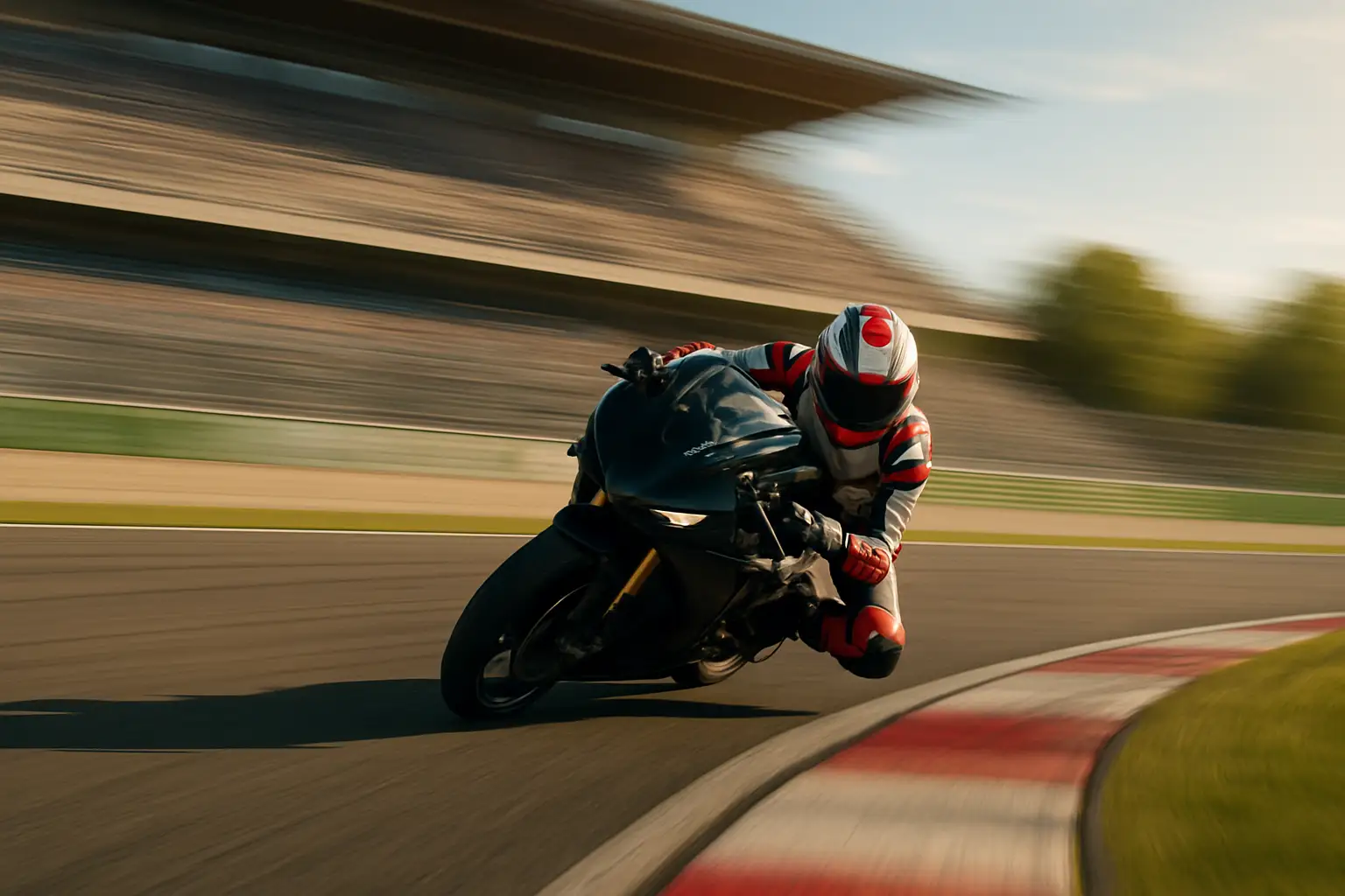 MotoGP rider on track during a race, leaning hard into a corner at speed