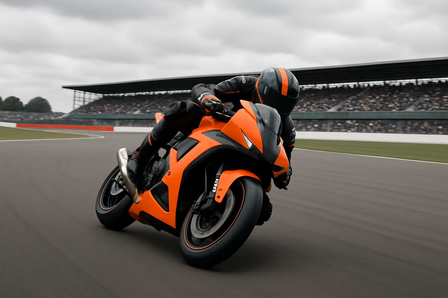 A MotoGP rider on an orange and black prototype bike accelerating through a sweeping corner at a modern racing circuit