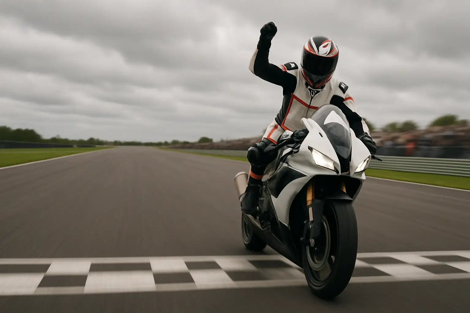 MotoGP rider celebrating a race win on a British circuit