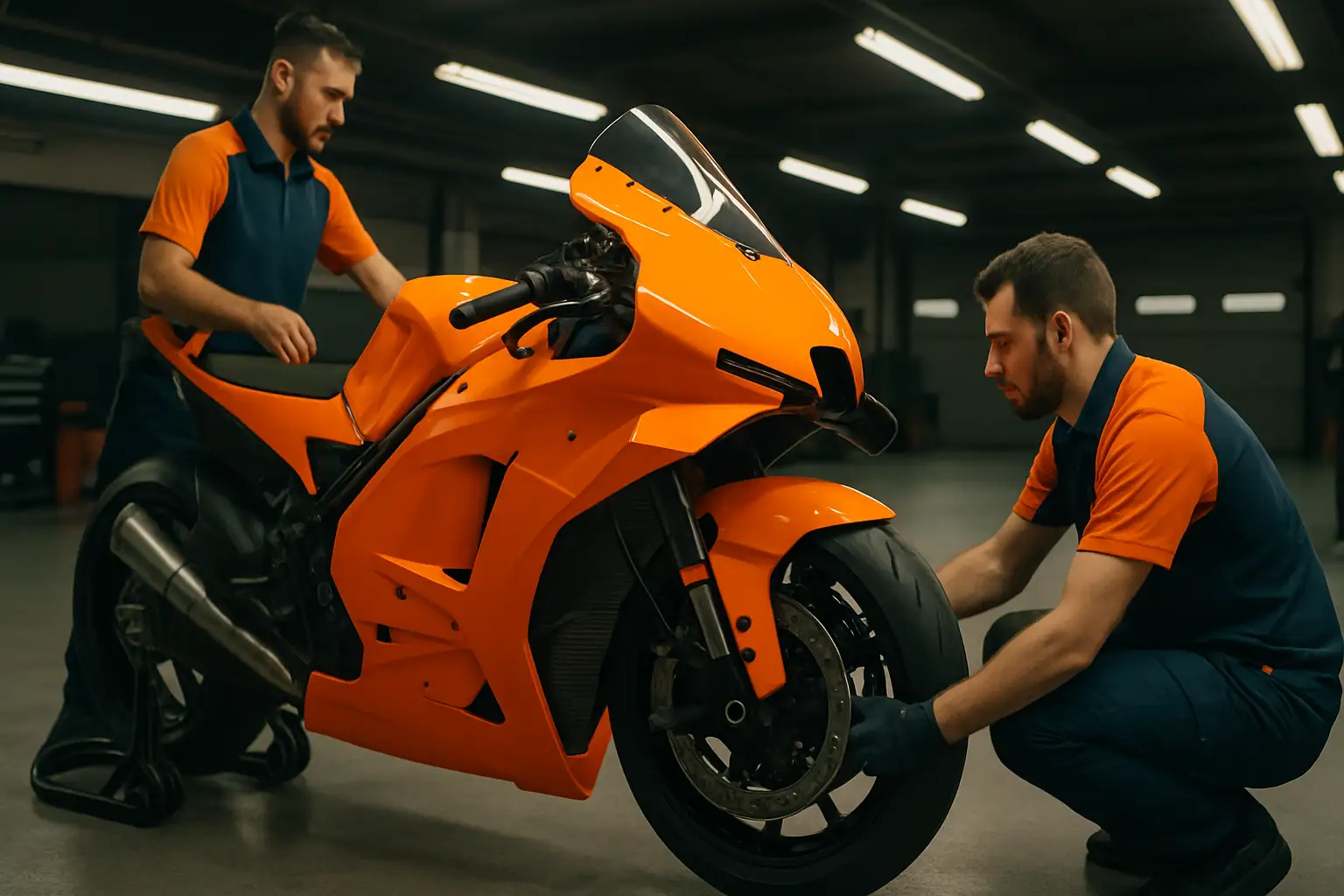 A KTM racing motorcycle on a grand prix circuit with pit lane crew in the background
