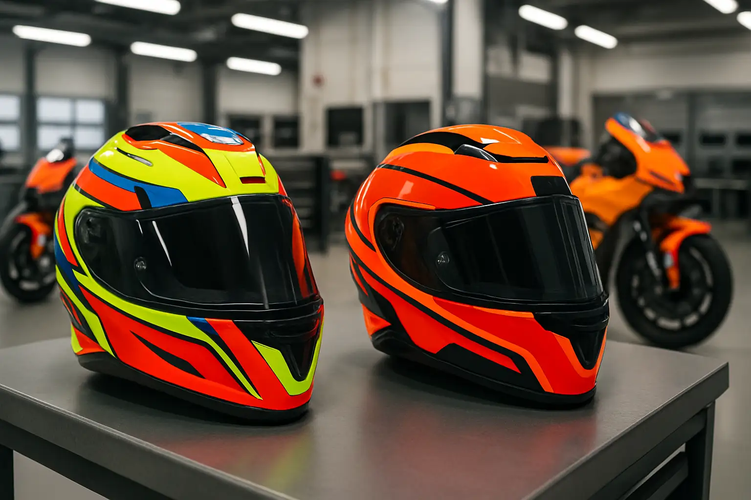 A MotoGP factory pit garage with two racing helmets placed side by side on a workbench, mechanics working in the background