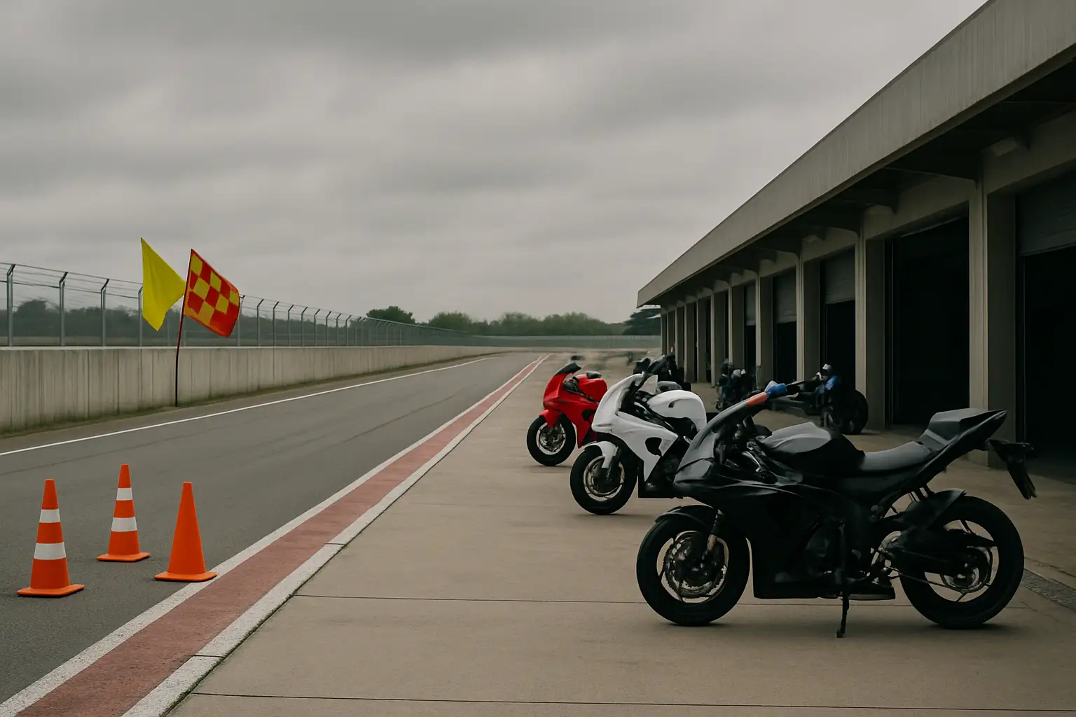 Motorcycles lined up in the pit lane at a racing circuit on a track day