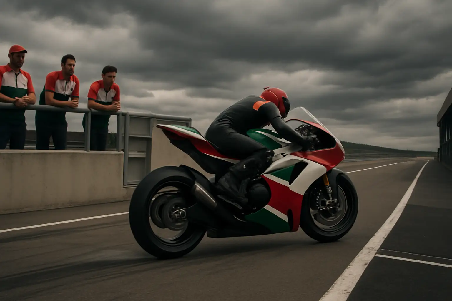 Aprilia MotoGP bike on track with pit lane crew in background