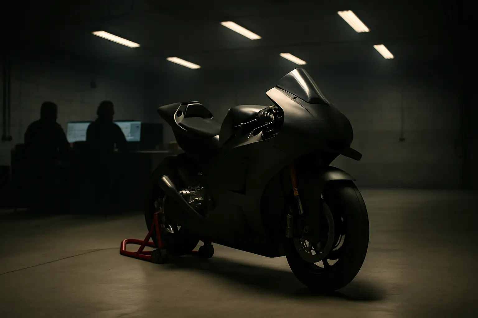 MotoGP paddock scene with a motorcycle in a team garage under bright lights