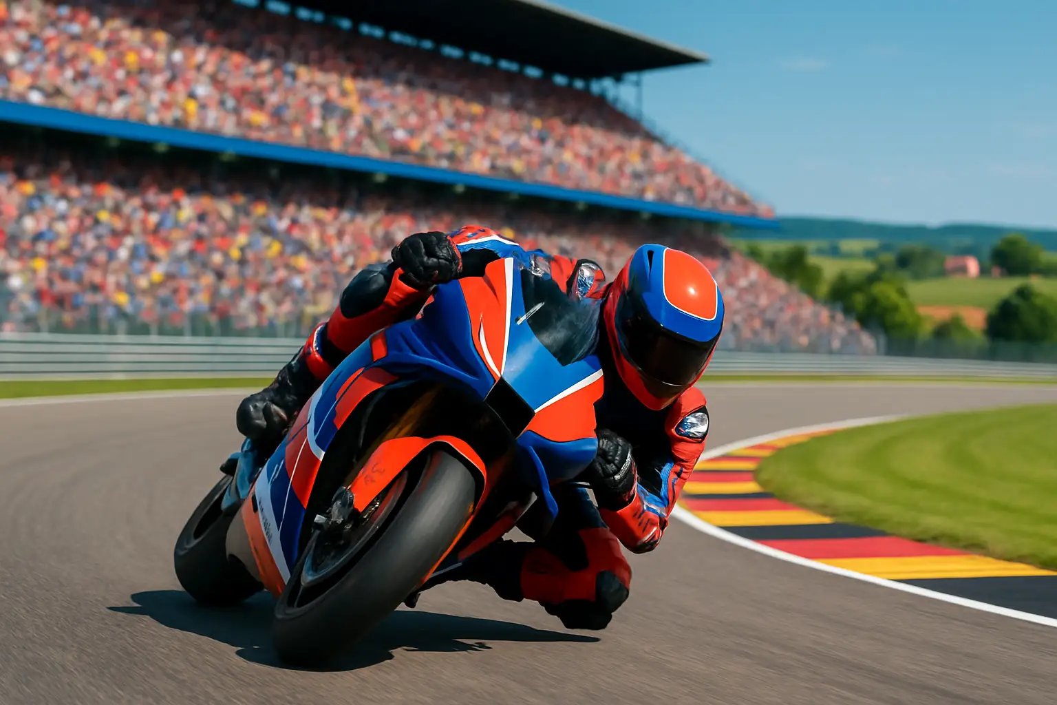 A motorcycle racer leans into a high-speed corner on a sunlit circuit with grandstands packed with fans in the background