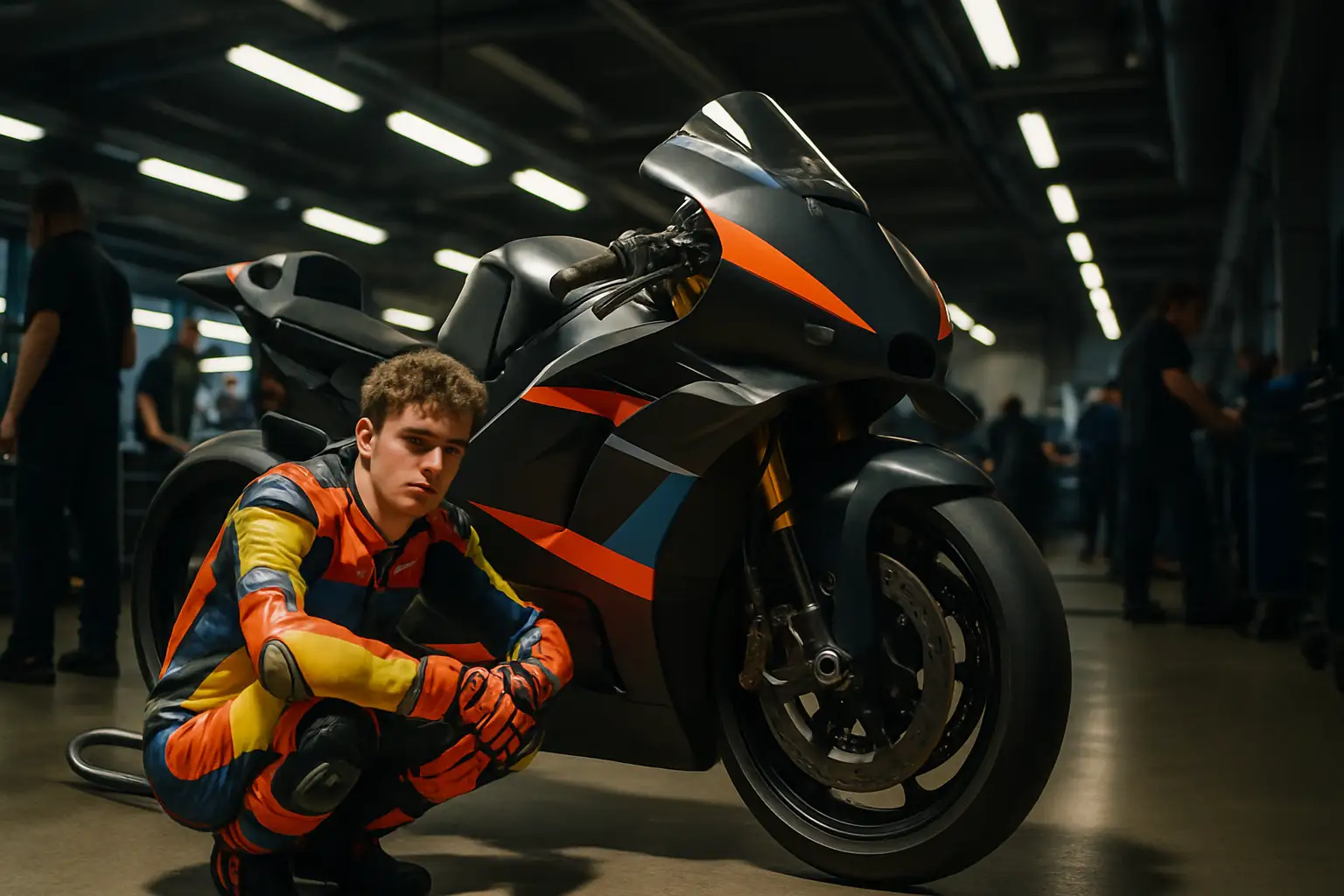 A young MotoGP rider in racing leathers preparing to mount a prototype racing motorcycle in a pit garage