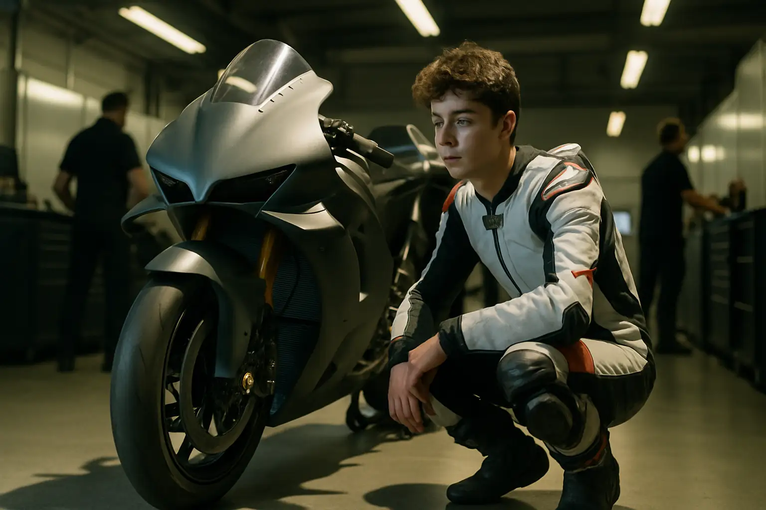 A young MotoGP rider preparing to mount a prototype racing motorcycle in a paddock garage