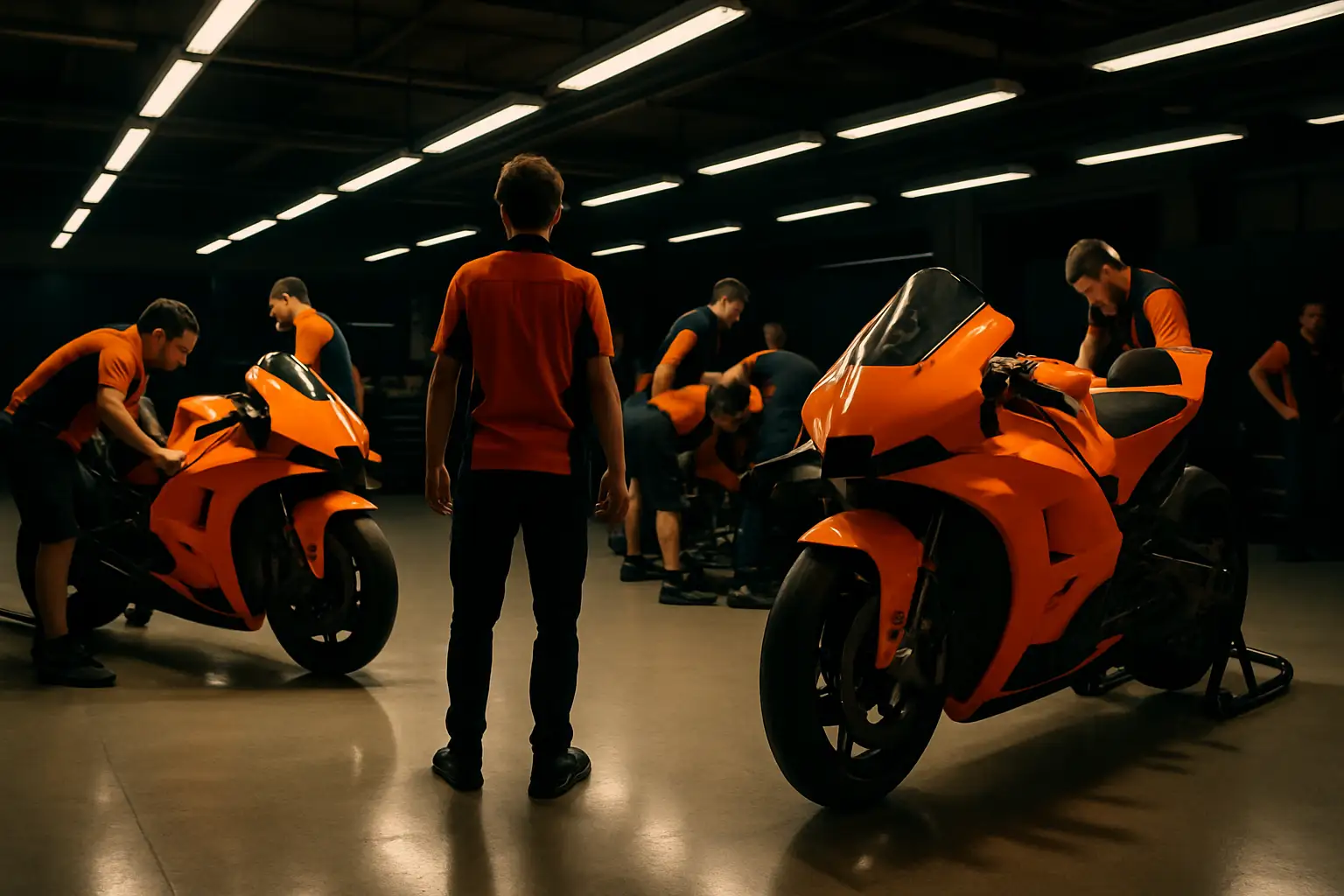 A MotoGP satellite team garage with mechanics working on a KTM bike under bright pit lane lighting