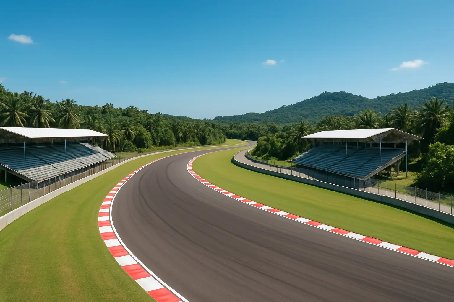 Aerial view of a modern motorsport circuit surrounded by tropical greenery under bright sunlight