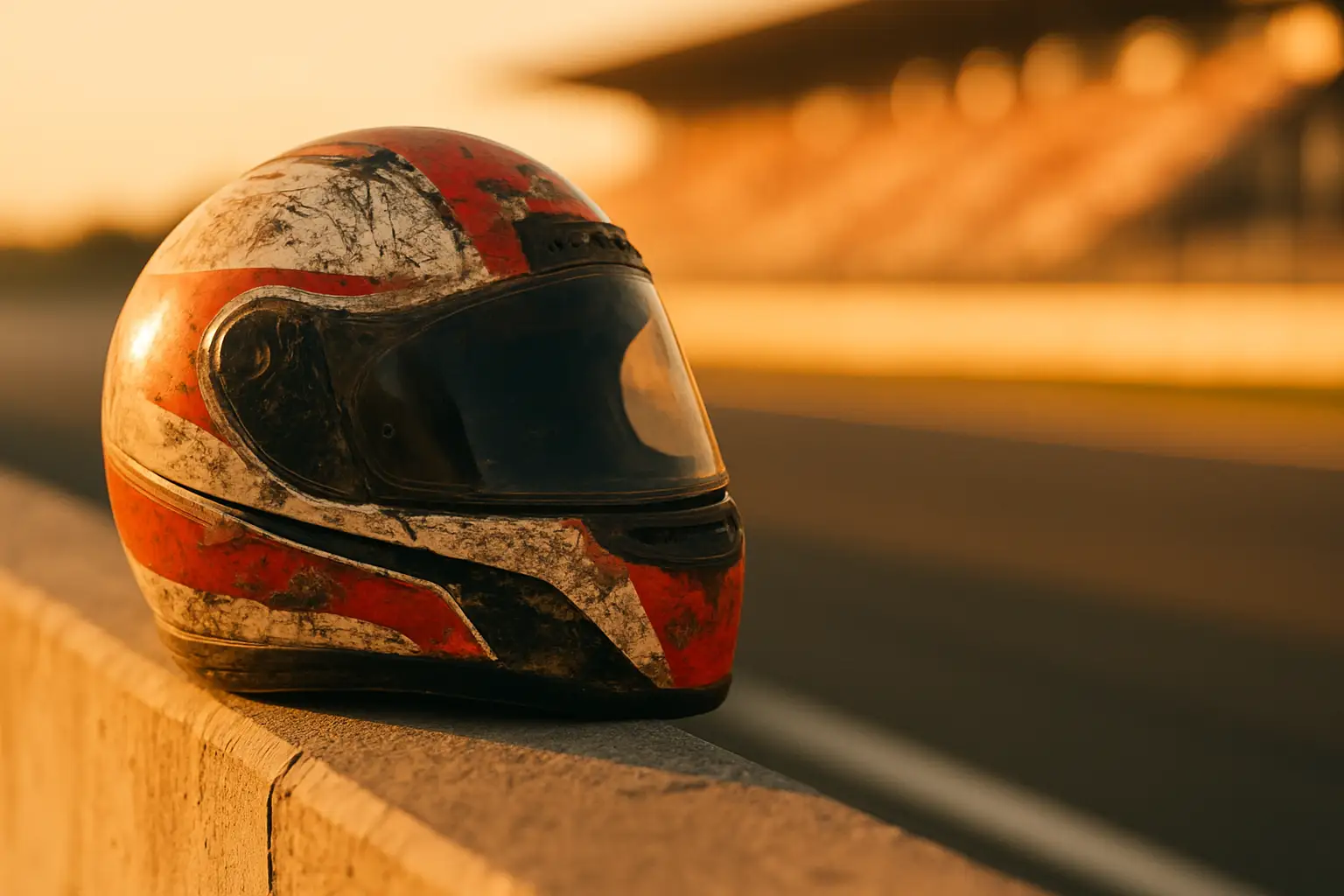 A motorcycle racing helmet resting on a pit lane wall with a blurred race circuit in the background