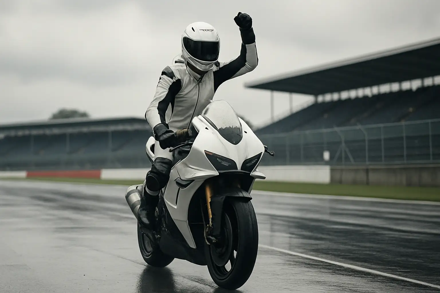 MotoGP rider celebrating a race victory at a wet and overcast Silverstone circuit