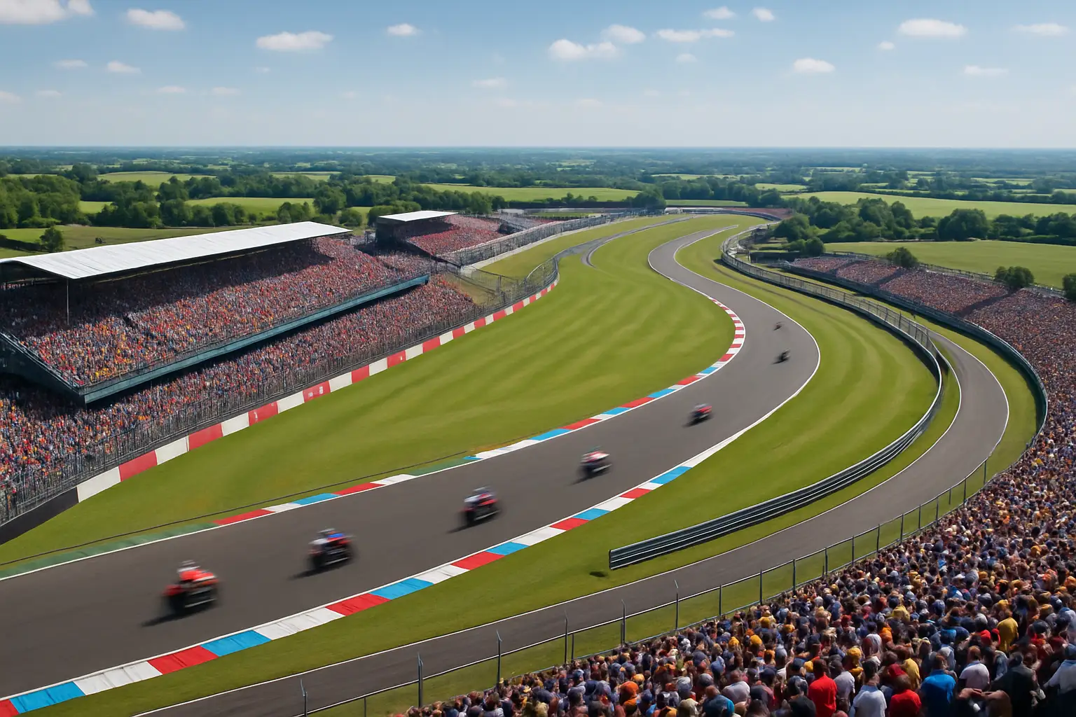 Aerial view of Silverstone circuit on a race day with grandstands filled and motorcycles on track