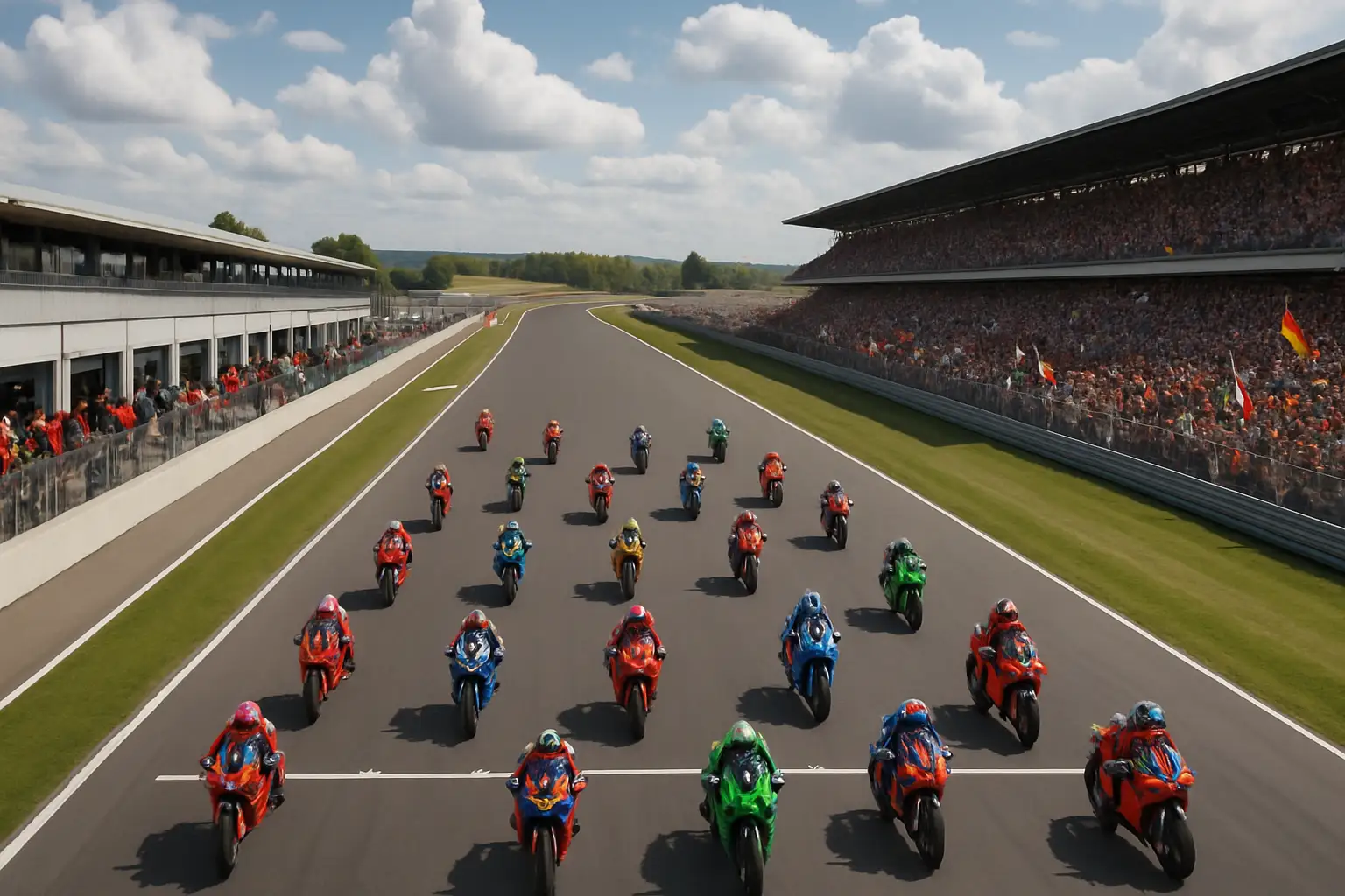 MotoGP riders on track at Silverstone circuit under cloudy British skies
