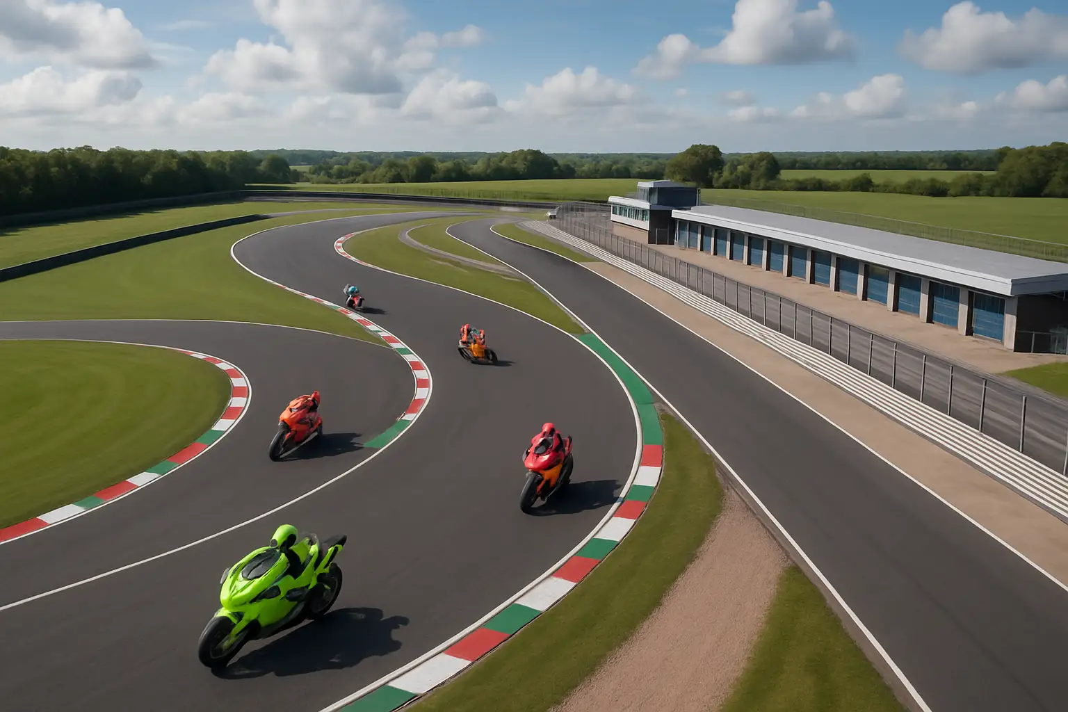 Aerial view of Silverstone circuit with MotoGP bikes racing through high-speed corners