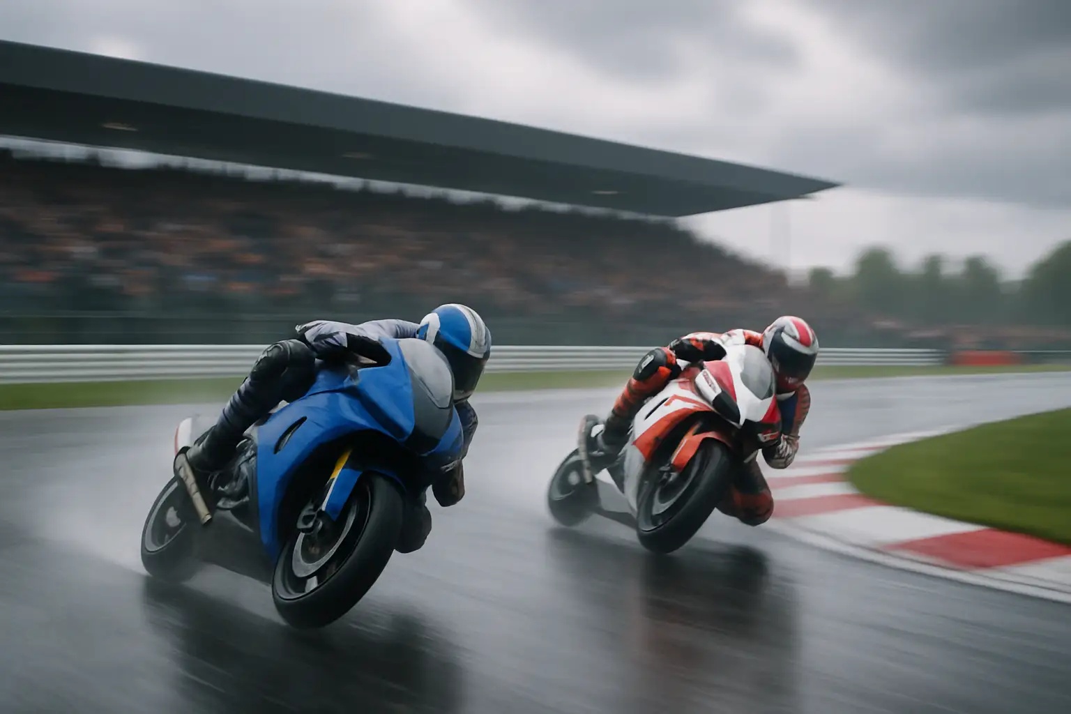 MotoGP riders racing on a British circuit with grandstands packed with fans