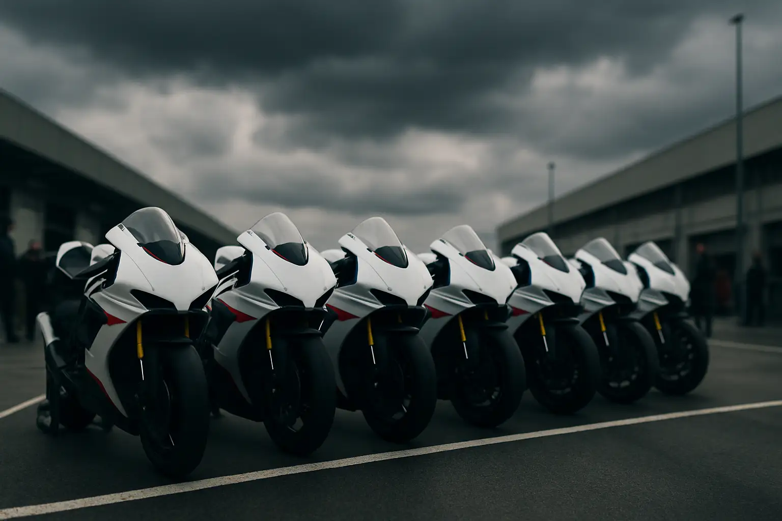 MotoGP motorcycles lined up on a starting grid under dramatic overcast lighting, highlighting identical technical components