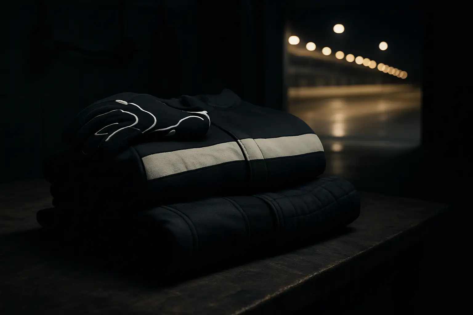 Motorsport-inspired clothing displayed against a racing garage backdrop at night