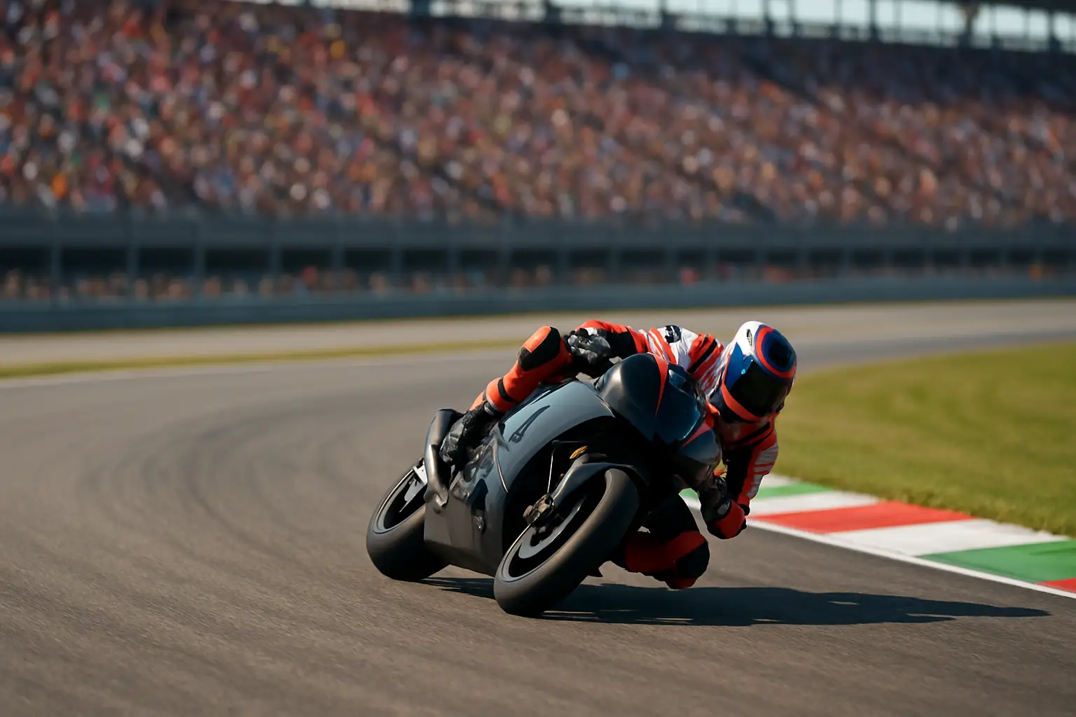 A MotoGP bike leaning through a corner on a modern race circuit with grandstands in the background