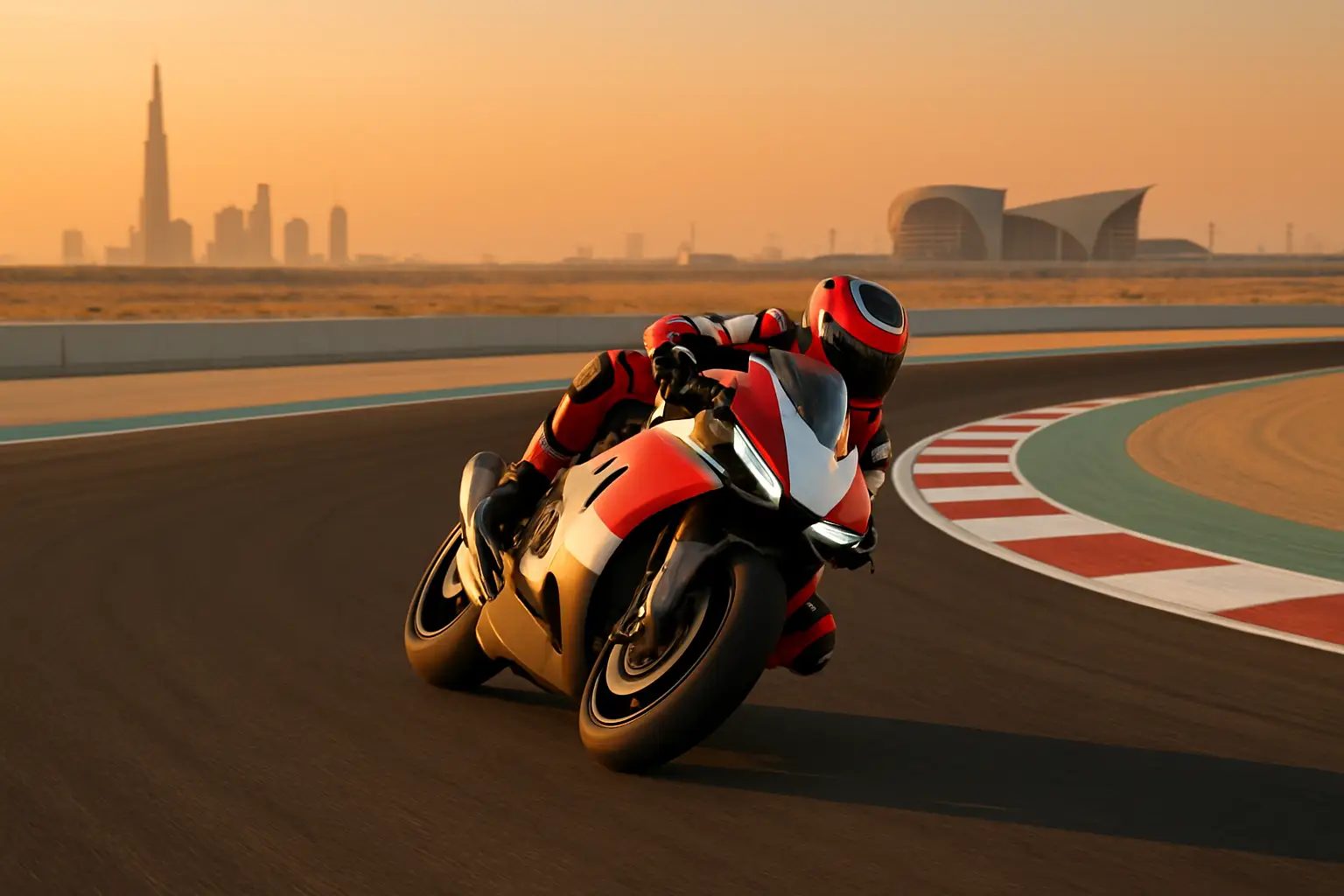 MotoGP motorcycle racing on a sunlit circuit with a Middle Eastern cityscape in the background