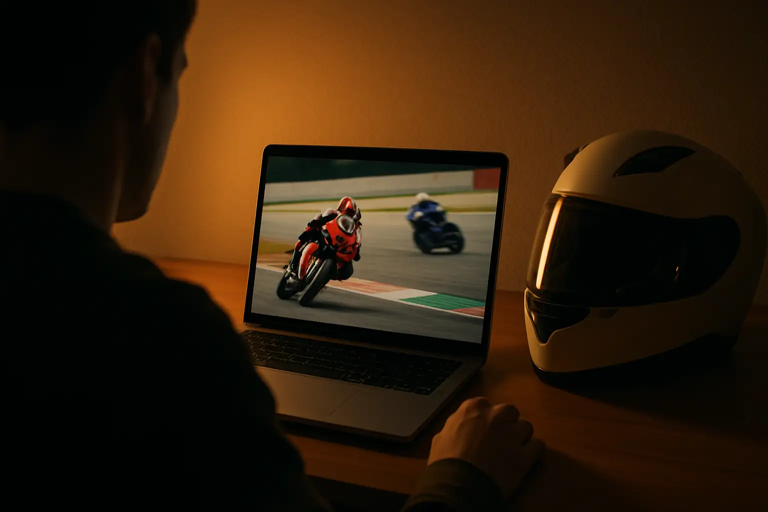 A motorcycle racing fan watching superbike content on a laptop screen
