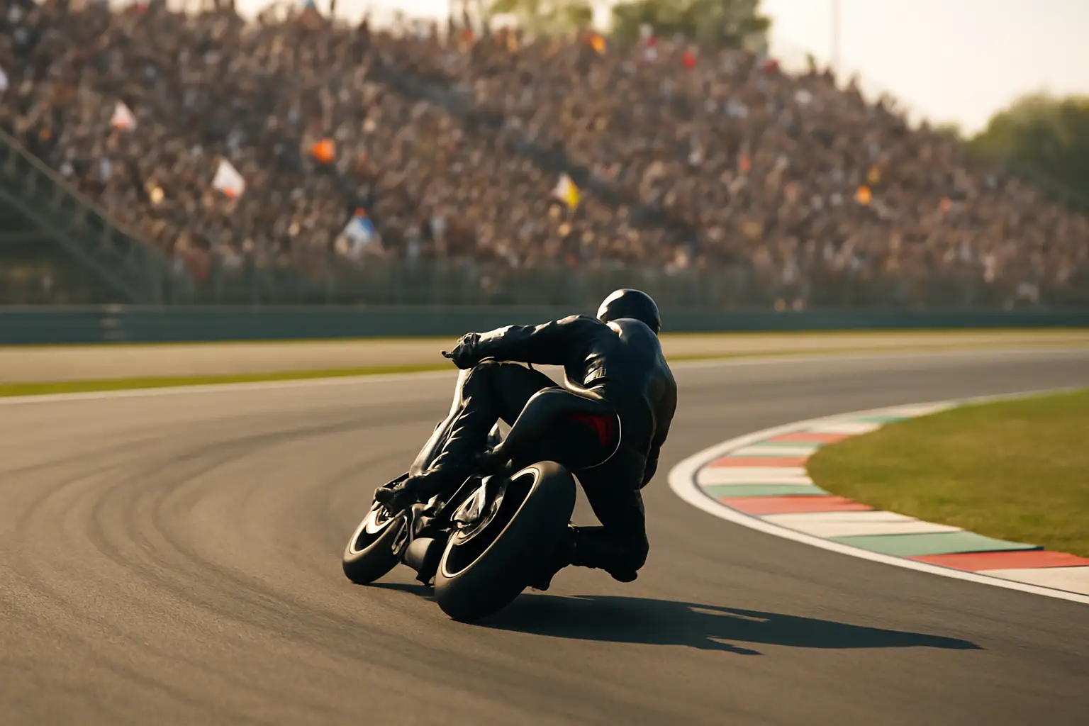 A MotoGP motorcycle racing through a corner on a sunlit circuit with a blurred grandstand crowd in the background
