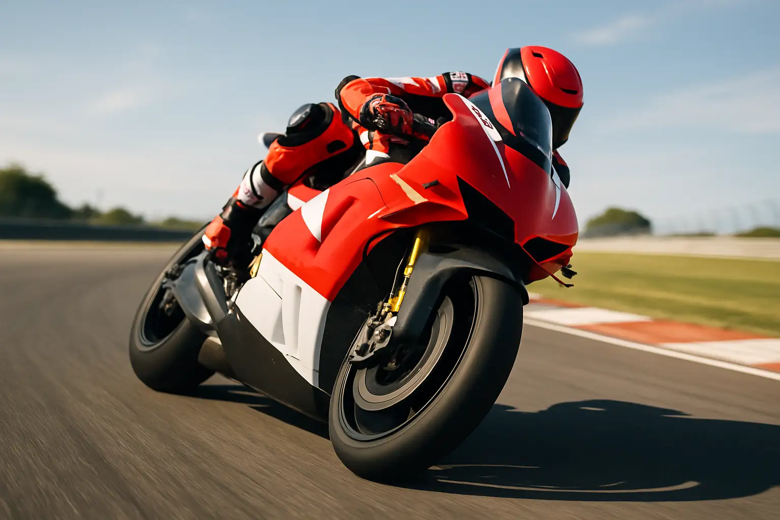 A MotoGP Honda motorcycle on track during a race, shot from a low trackside angle