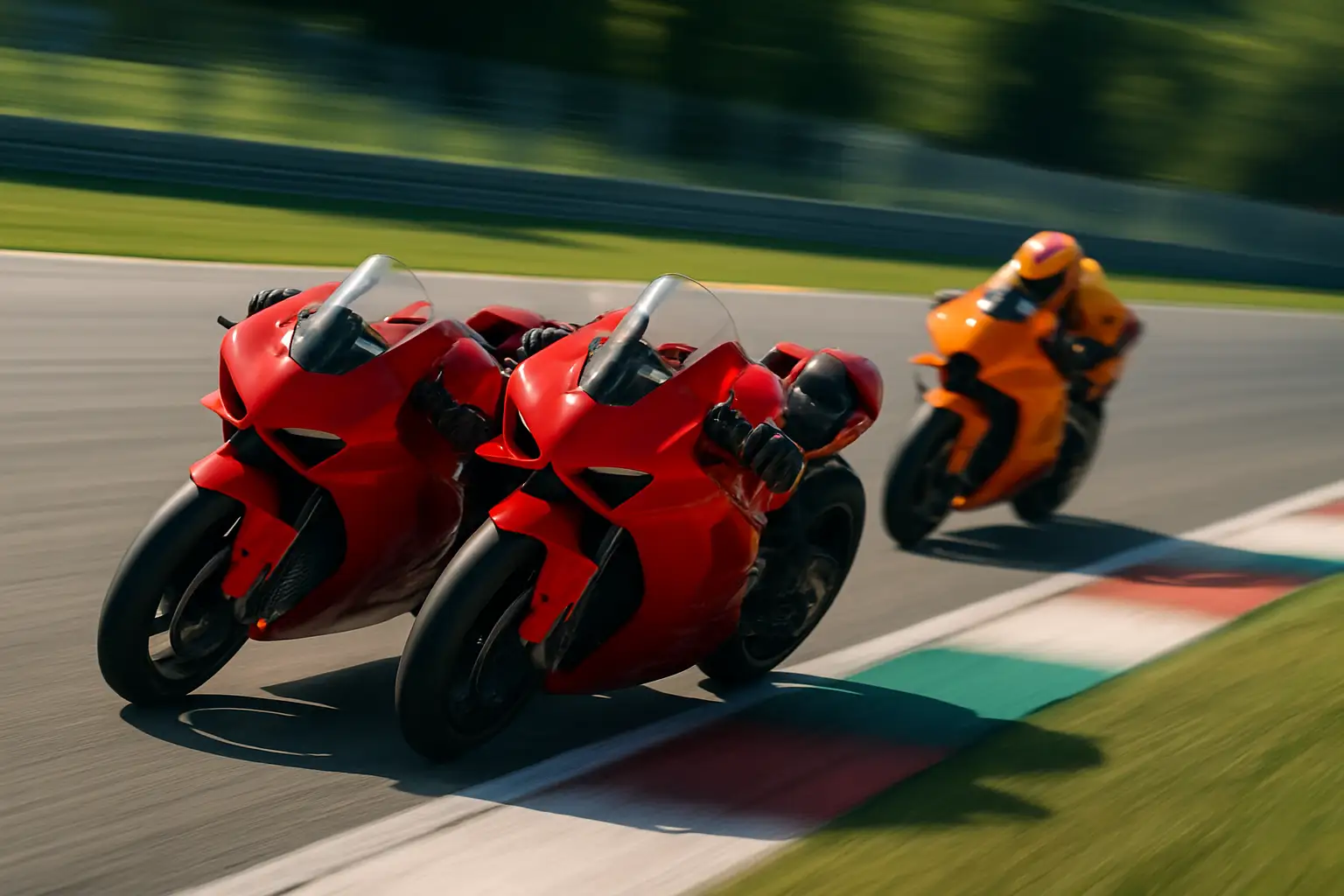 Two MotoGP riders on factory Ducati bikes racing on a circuit against an Aprilia competitor