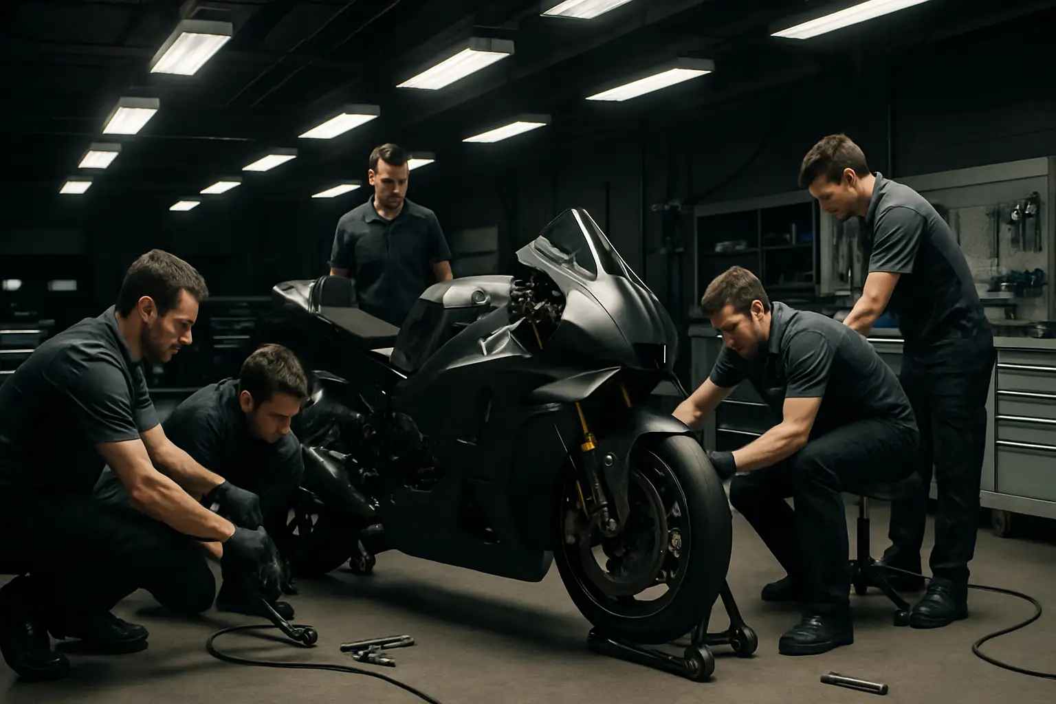 A MotoGP satellite team garage with mechanics preparing a racing motorcycle under bright pit lane lights