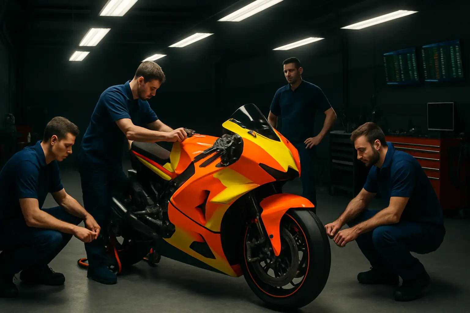 MotoGP satellite team garage with mechanics preparing a race bike for the 2027 season