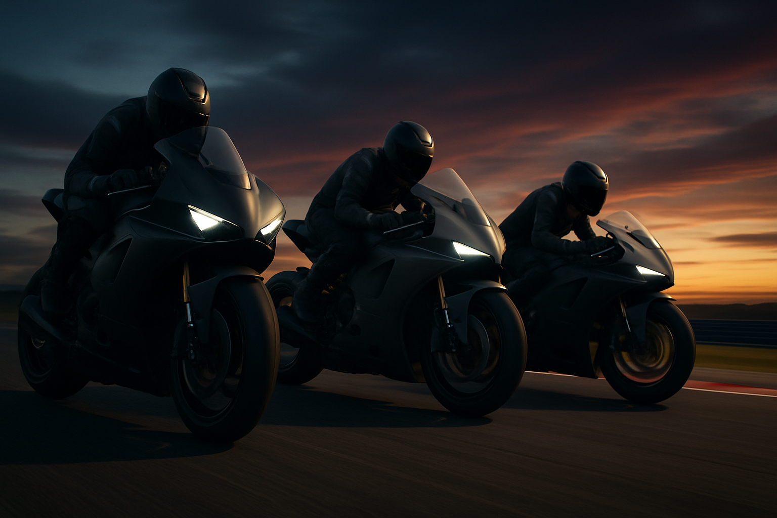 MotoGP motorcycles racing side by side on a circuit under bright lights