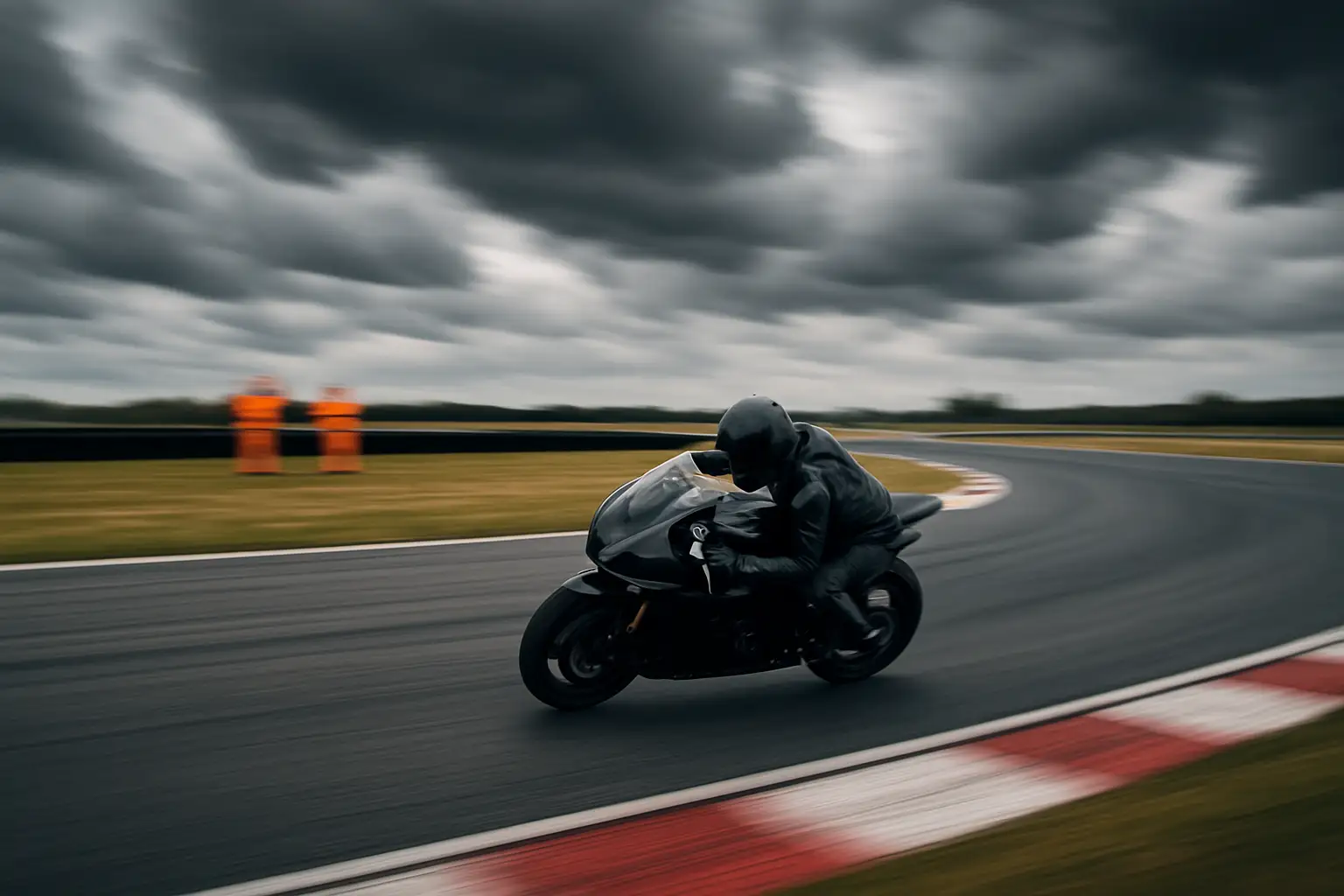 A motorcycle racer competing at high speed on a flat, fast circuit under overcast skies
