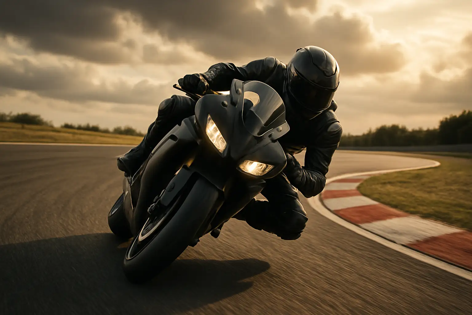 A MotoGP rider leaning aggressively through a fast, flowing circuit corner during a practice session