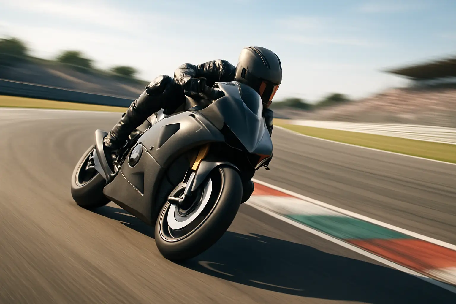 A motorcycle racer leaning aggressively through a corner on a prototype MotoGP bike