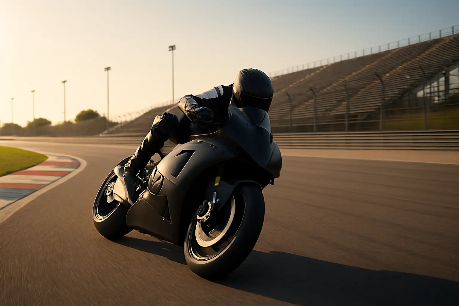 A motorcycle racer leaning into a sharp corner on a prototype MotoGP circuit