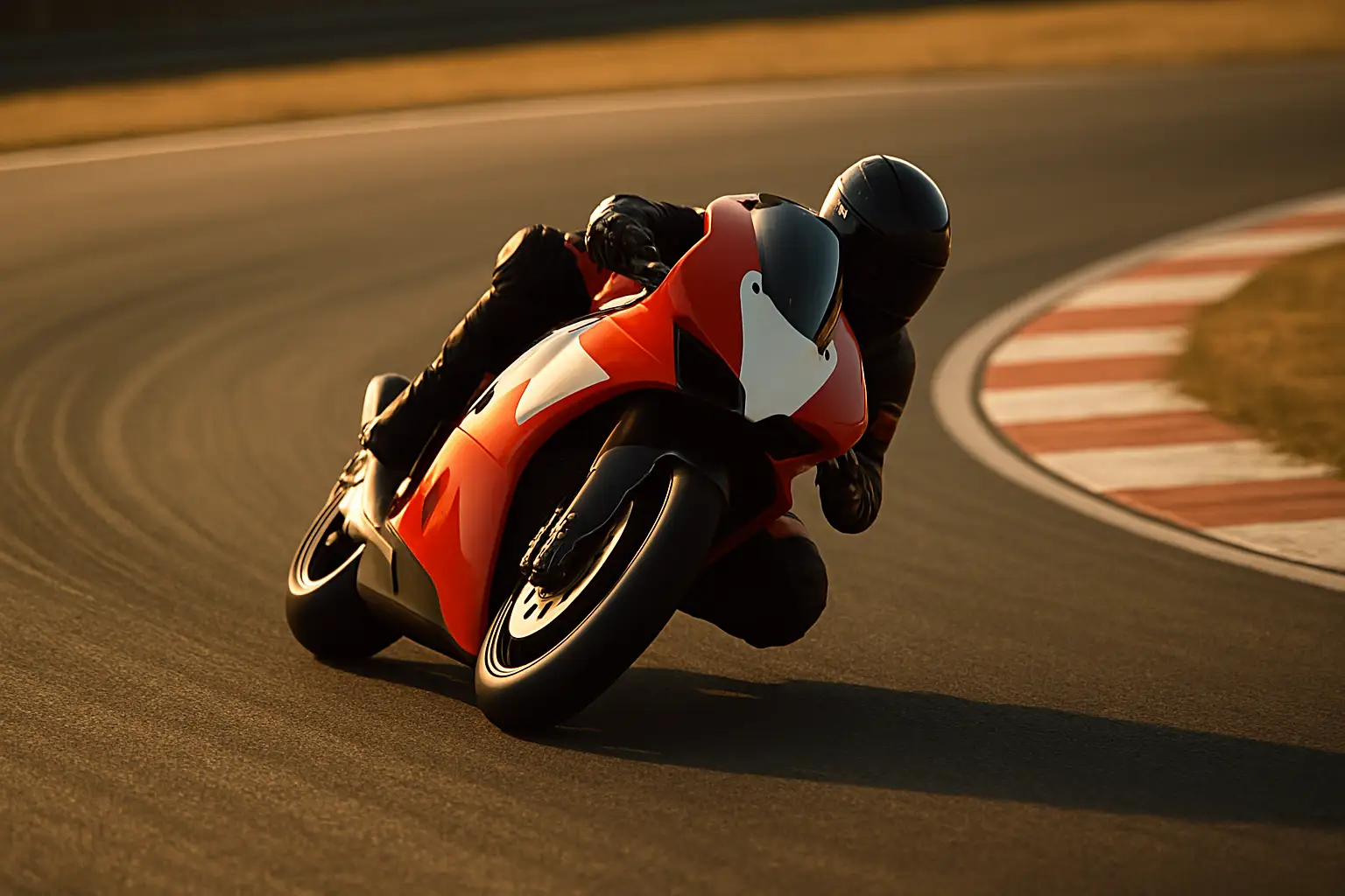 A MotoGP motorcycle racing at full speed on a circuit, leaning hard into a corner