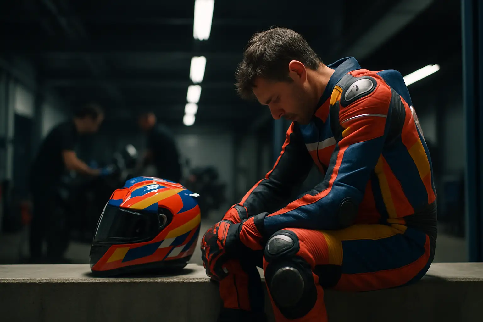 A motorcycle racer in full leathers looking dejected in a pit garage after a difficult race weekend