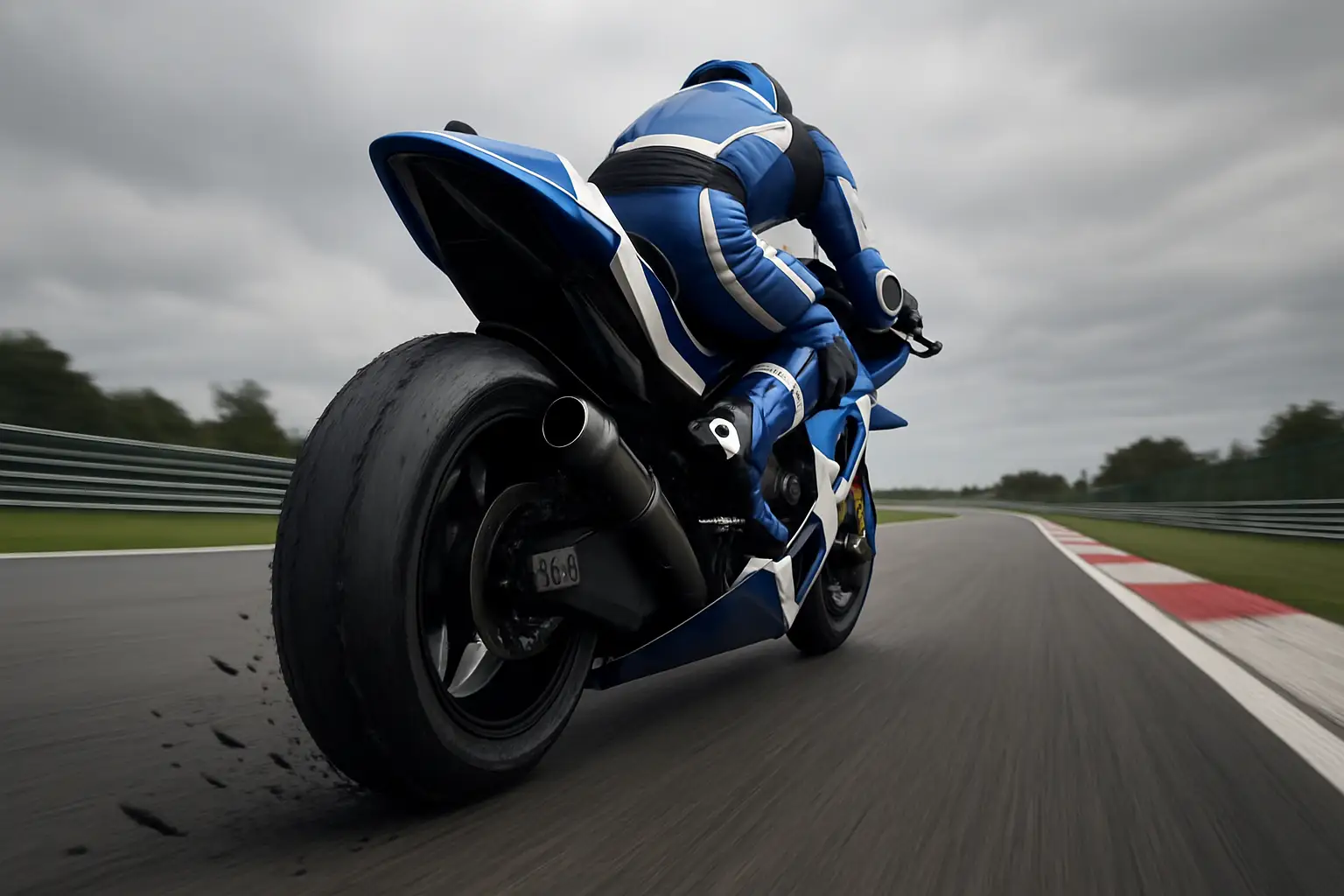 A MotoGP Yamaha motorcycle on track with a rear tyre showing signs of heavy wear