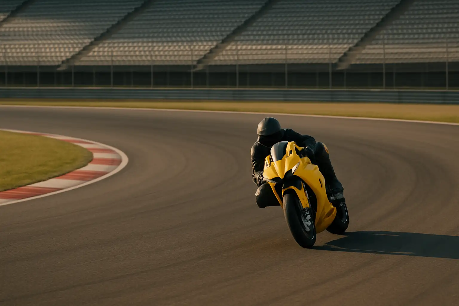A Yamaha superbike racing on a circuit, leaning into a corner at speed