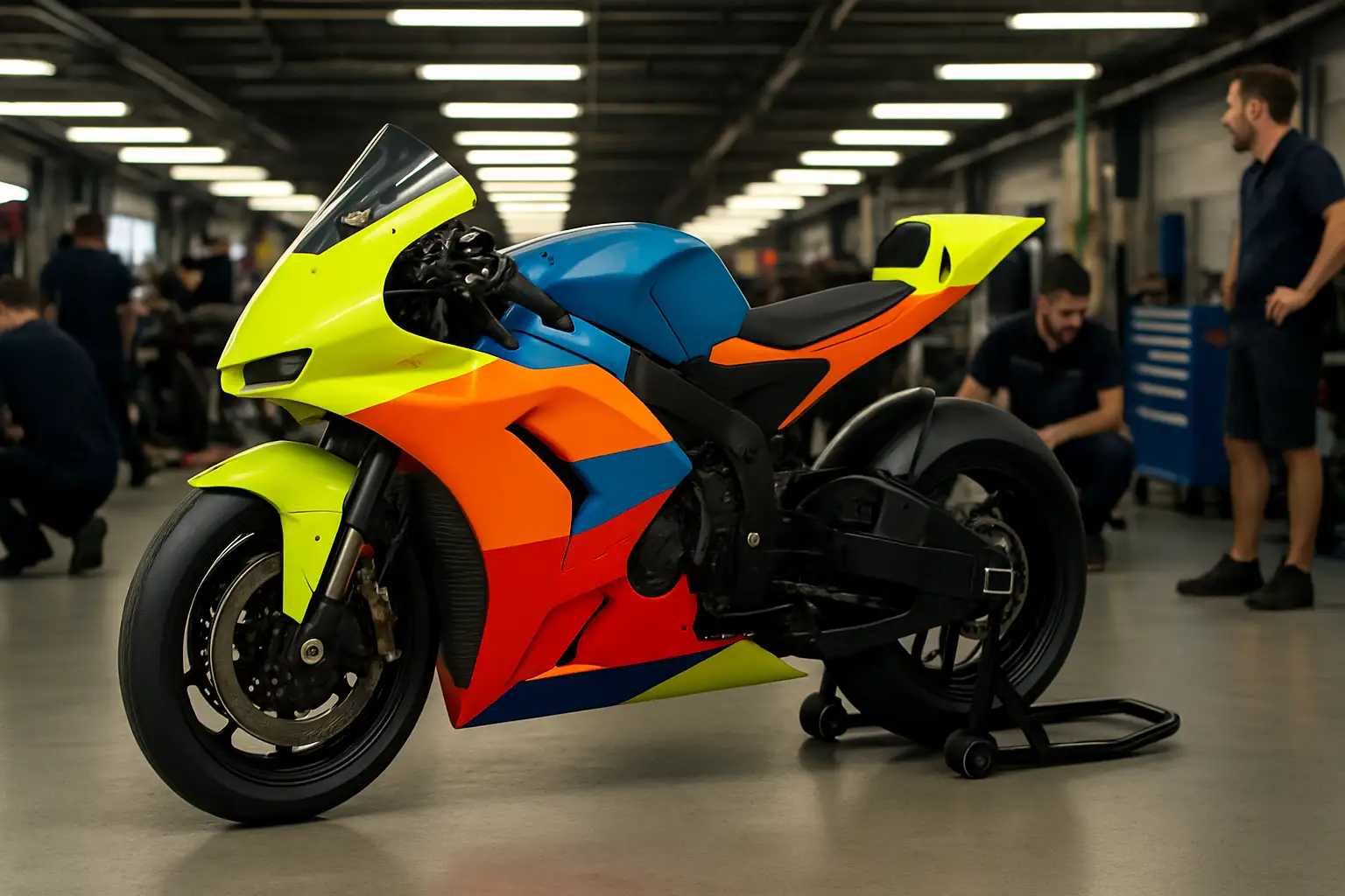 A MotoGP racing bike on track with a team garage visible in the background