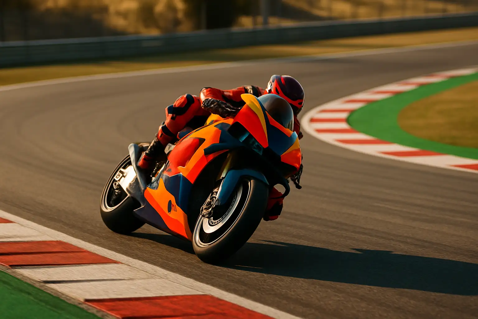 A MotoGP motorcycle leaning into a corner at high speed on a sun-lit race circuit