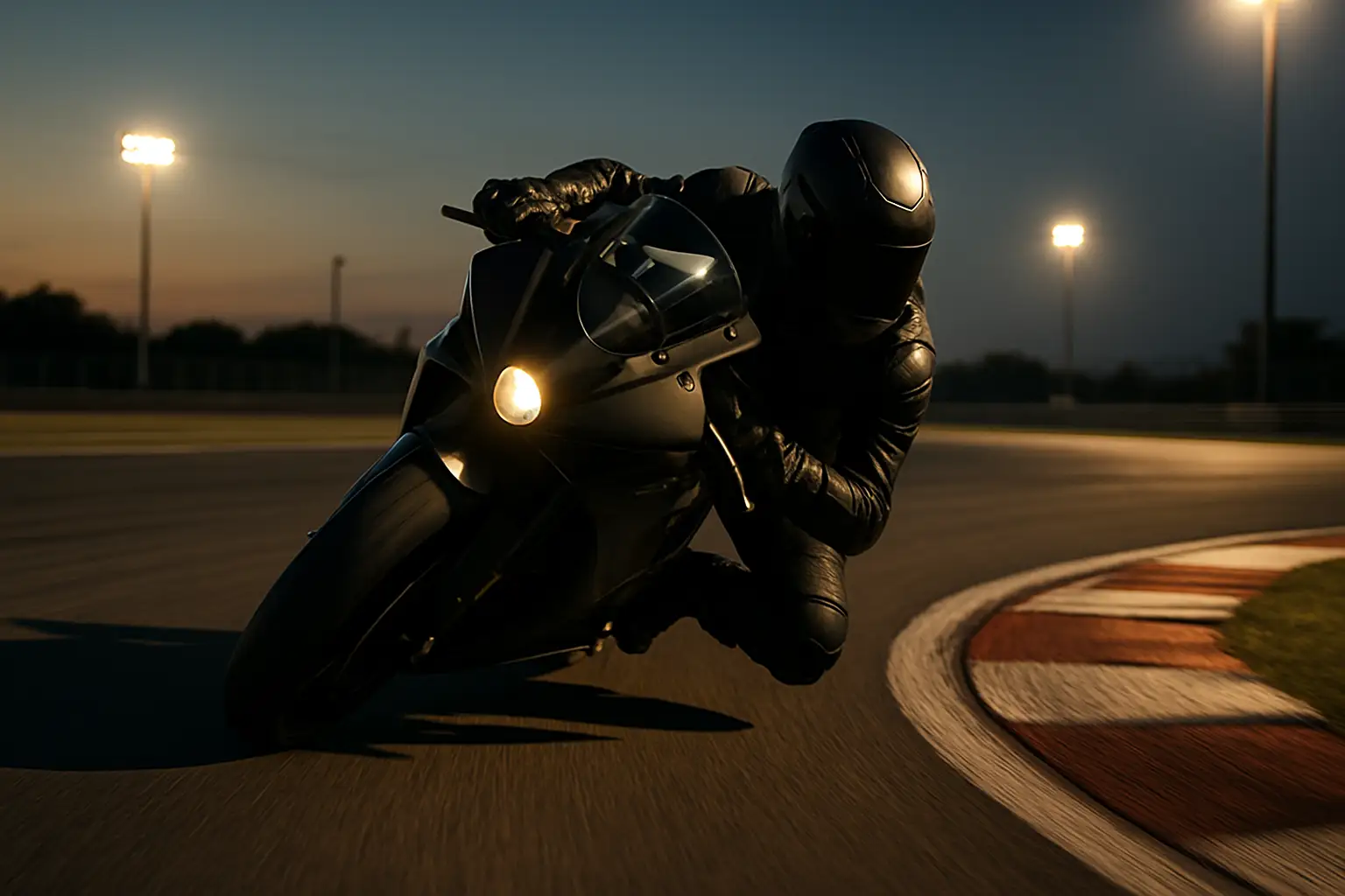 A MotoGP rider leaning deep into a corner on a racing motorcycle, with motion blur in the background