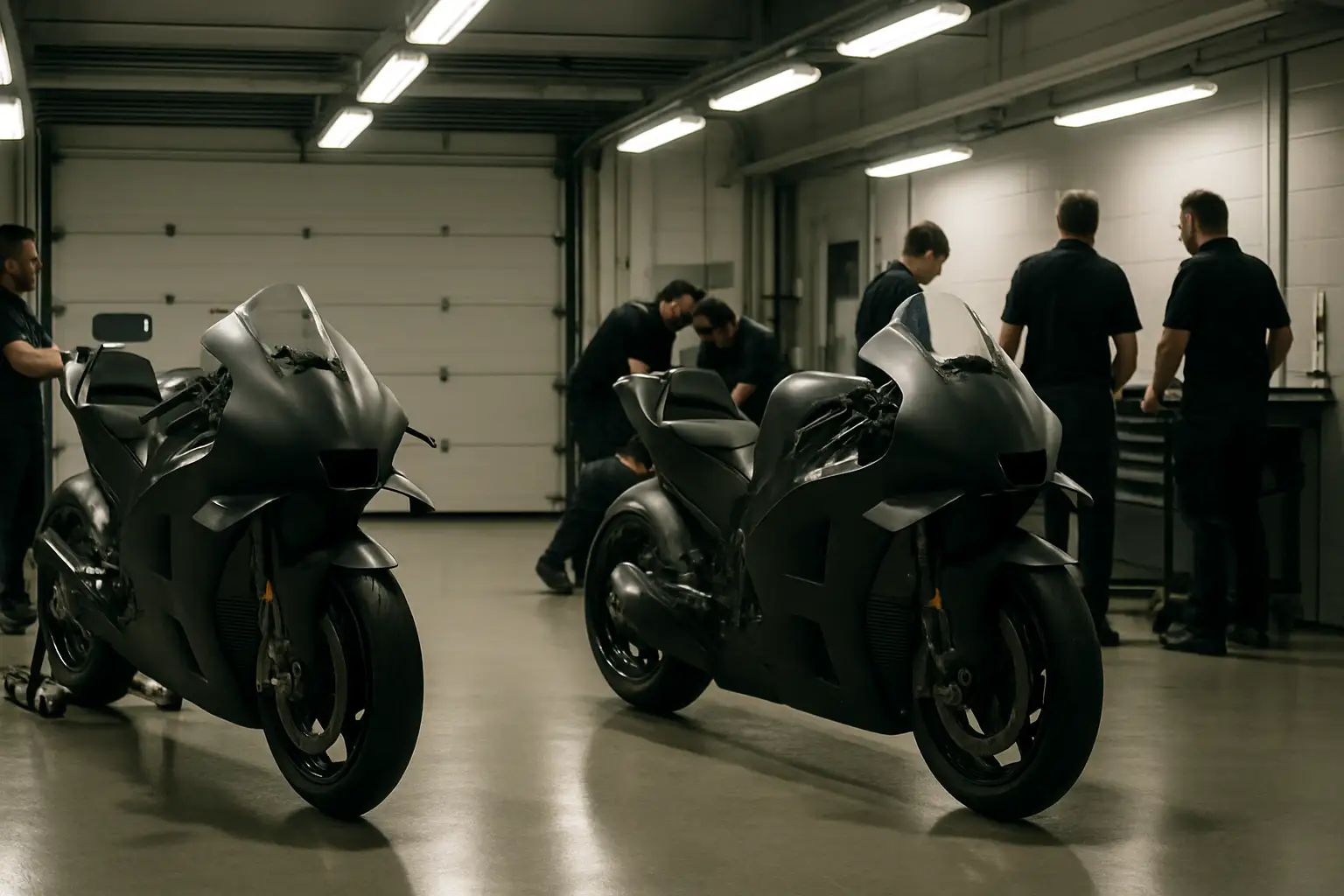 A MotoGP factory garage with two race bikes prepared side by side under bright pit lane lighting