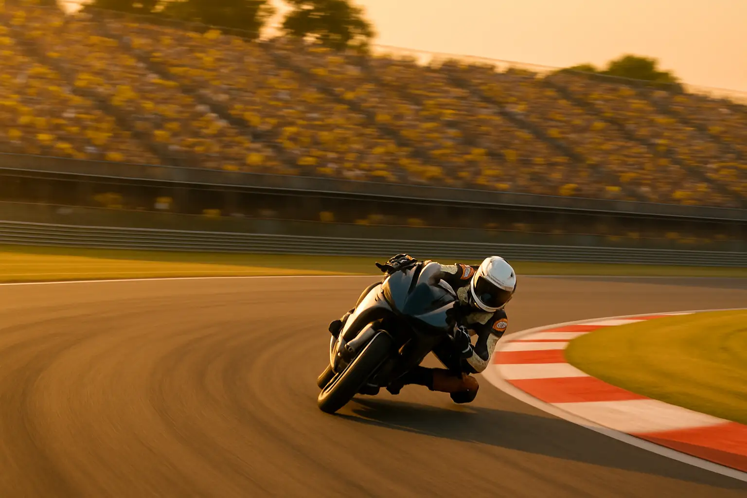 A MotoGP racing motorcycle leaned into a corner on a Grand Prix circuit with a full stadium of fans in the background